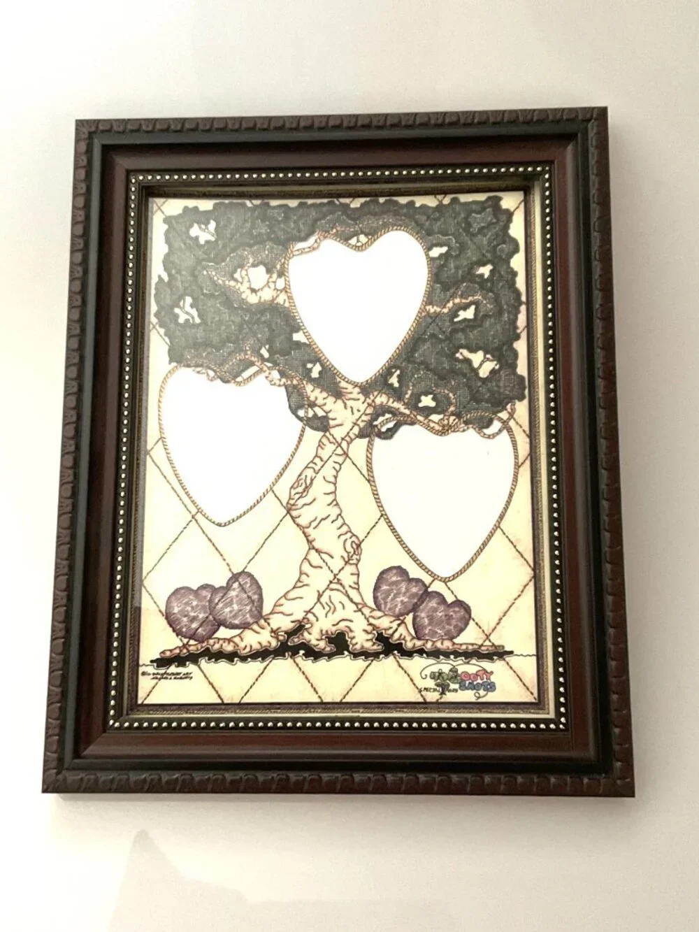 VINTAGE GROOVY ROOTY SHOTS FRAMED FAMILY TREE ART PRINT MAT 3-PHOTO INSERT COLLG